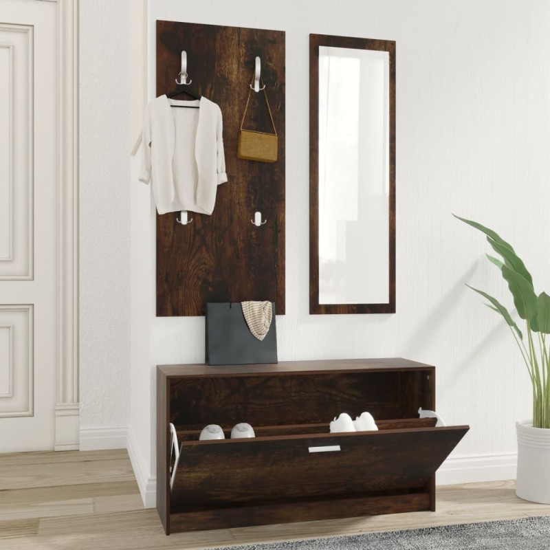 vidaXL Set mueble zapatero 3 en 1 madera contrachapada roble ahumado vidaXL Set mueble zapatero 3 en 1 madera contrachapada roble ahumado