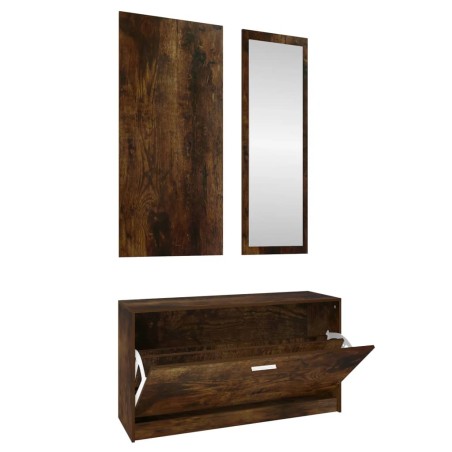 vidaXL Set mueble zapatero 3 en 1 madera contrachapada roble ahumado