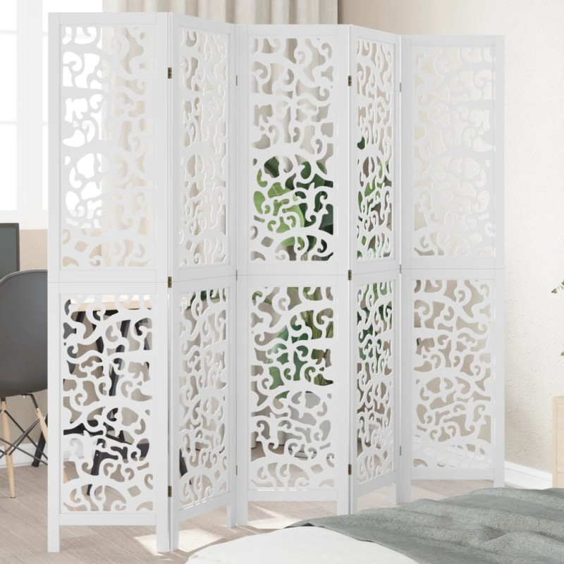 vidaXL Biombo separador de 5 paneles madera maciza Paulownia blanco vidaXL Biombo separador de 5 paneles madera maciza Paulownia blanco