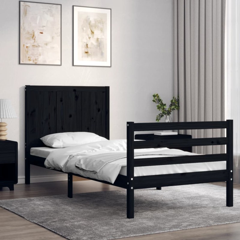 vidaXL Estructura de cama con cabecero madera maciza negro 90x200 cm