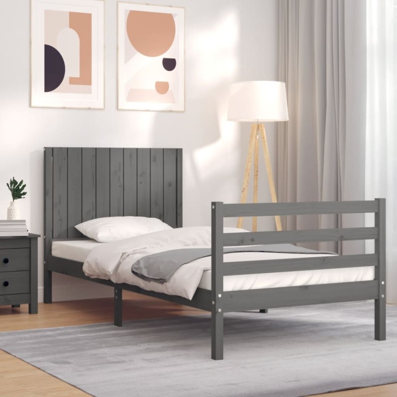 vidaXL Estructura de cama con cabecero madera maciza gris 90x200 cm