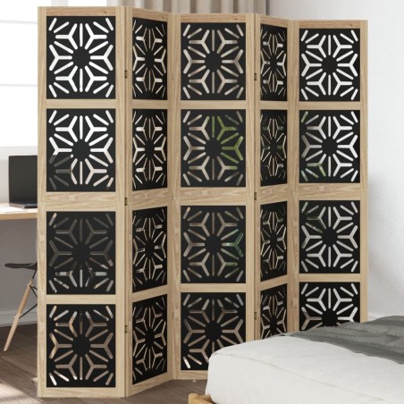 vidaXL Biombo separador 5 paneles madera maciza Paulownia marrón negro