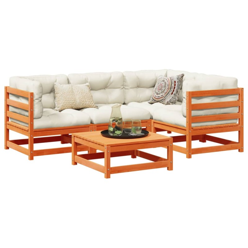 vidaXL Juego de sofás de jardín 5 pzas madera maciza pino marrón cera vidaXL Juego de sofás de jardín 5 pzas madera maciza pino marrón cera