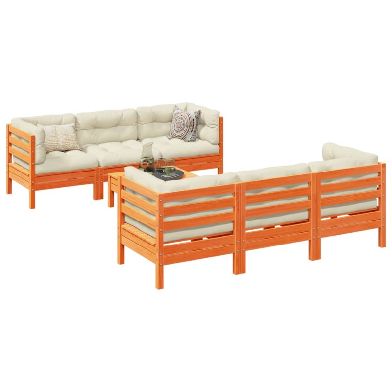 vidaXL Set de sofás jardín 7 pzas con cojines madera pino marrón cera vidaXL Set de sofás jardín 7 pzas con cojines madera pino marrón cera