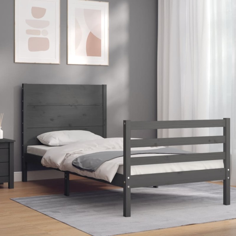 vidaXL Estructura de cama con cabecero madera maciza gris 90x200 cm