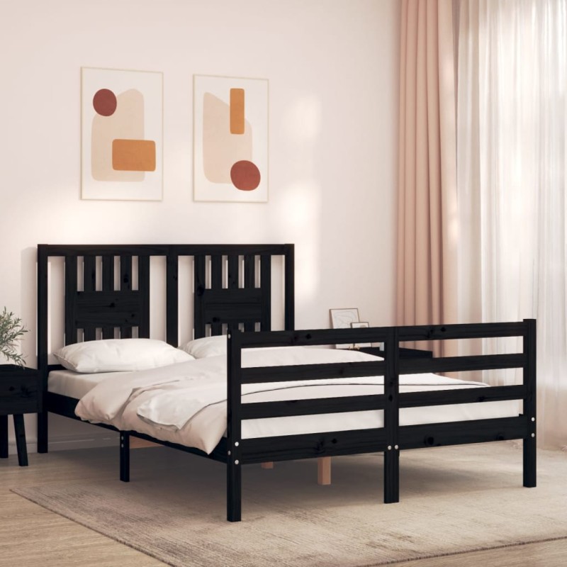 vidaXL Estructura cama de matrimonio con cabecero madera maciza negro vidaXL Estructura cama de matrimonio con cabecero madera maciza negro
