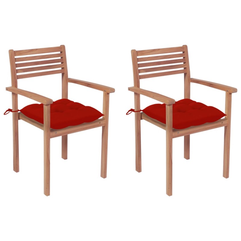 vidaXL Sillas de jardín 2 uds madera maciza de teca con cojines rojos vidaXL Sillas de jardín 2 uds madera maciza de teca con cojines rojos