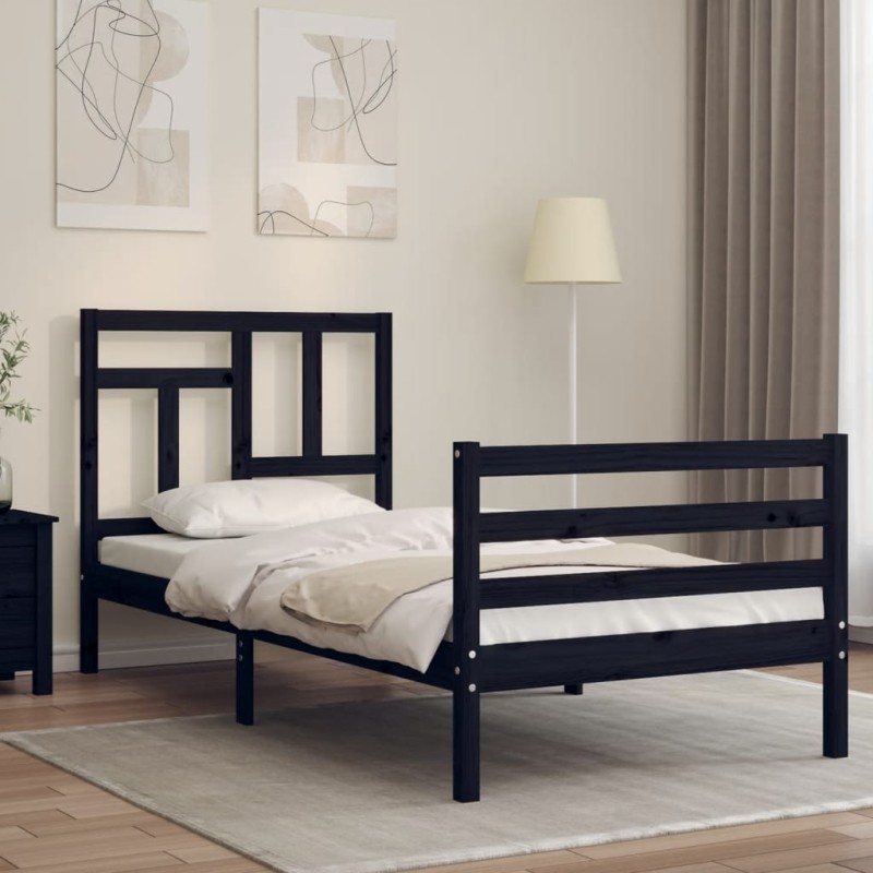 vidaXL Estructura de cama con cabecero madera maciza negro 90x200 cm