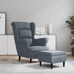 vidaXL Sillón orejero y taburete de terciopelo gris oscuro