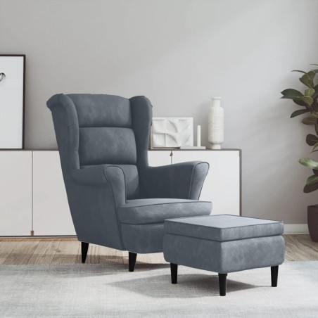 vidaXL Sillón orejero y taburete de terciopelo gris oscuro
