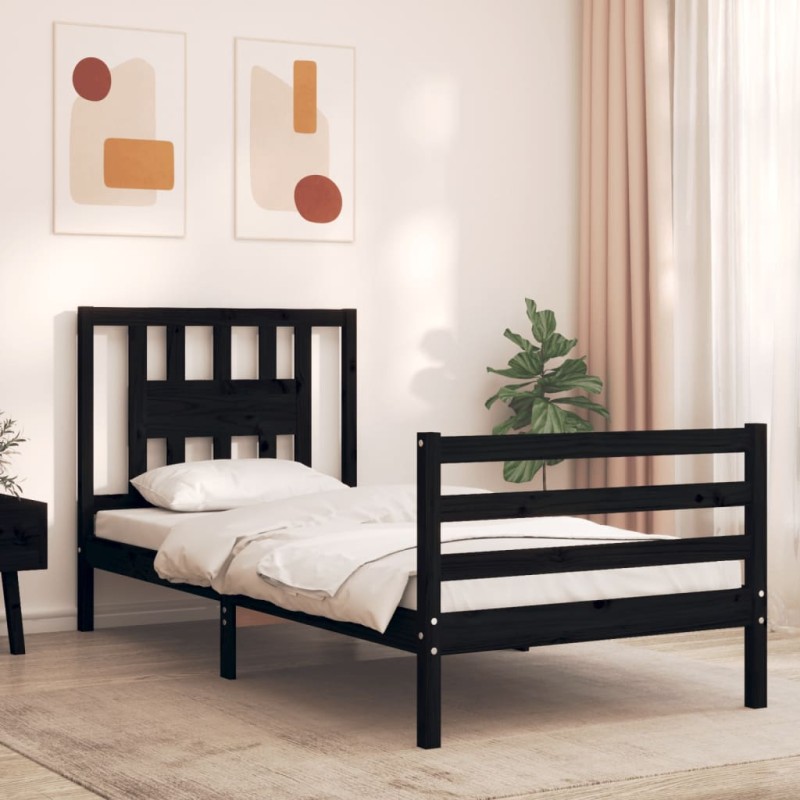 vidaXL Estructura de cama con cabecero madera maciza negro 100x200 cm vidaXL Estructura de cama con cabecero madera maciza negro 100x200 cm