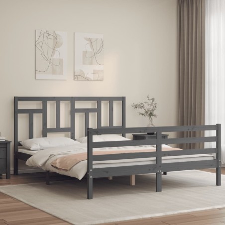 vidaXL Estructura de cama con cabecero madera maciza gris 160x200 cm