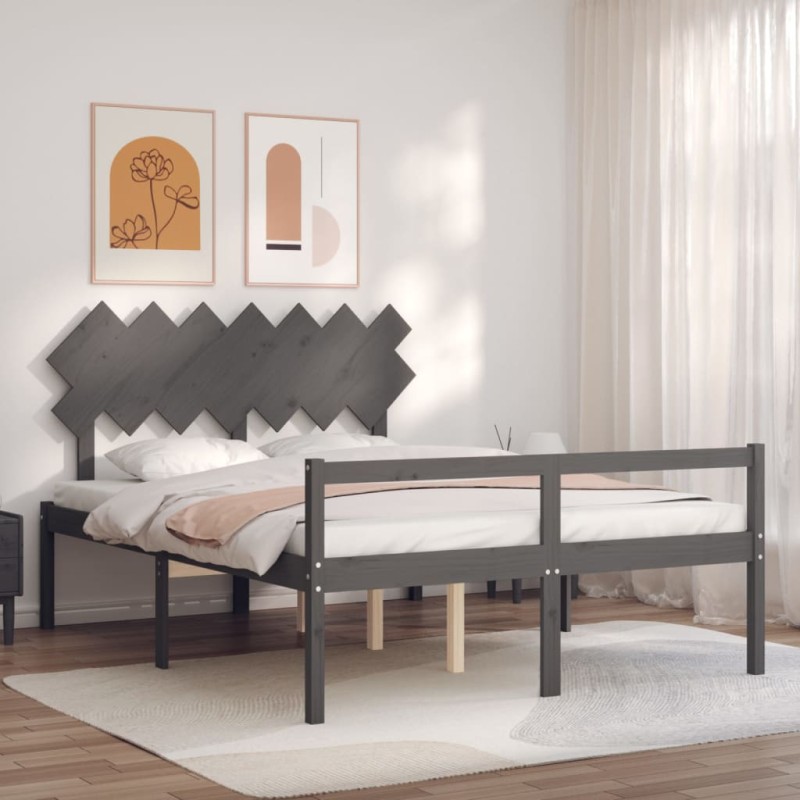 vidaXL Cama personas mayores cabecero madera maciza gris 140x190 cm vidaXL Cama personas mayores cabecero madera maciza gris 140x190 cm