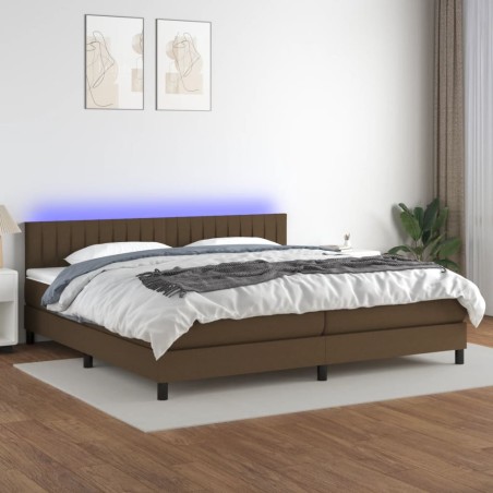 vidaXL Cama box spring colchón luces LED tela marrón oscuro 200x200 cm