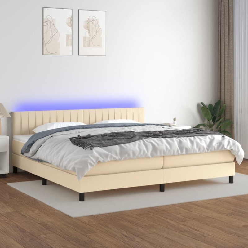 vidaXL Cama box spring colchón y luces LED tela crema 200x200 cm vidaXL Cama box spring colchón y luces LED tela crema 200x200 cm