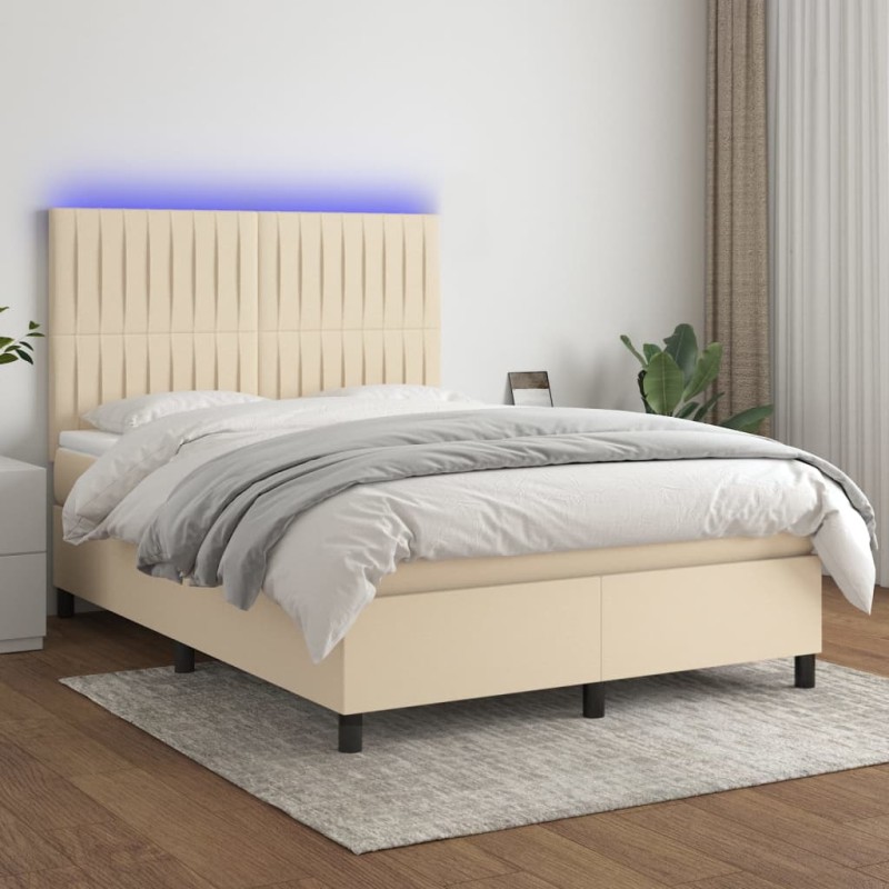 vidaXL Cama box spring colchón y luces LED tela crema 140x200 cm vidaXL Cama box spring colchón y luces LED tela crema 140x200 cm