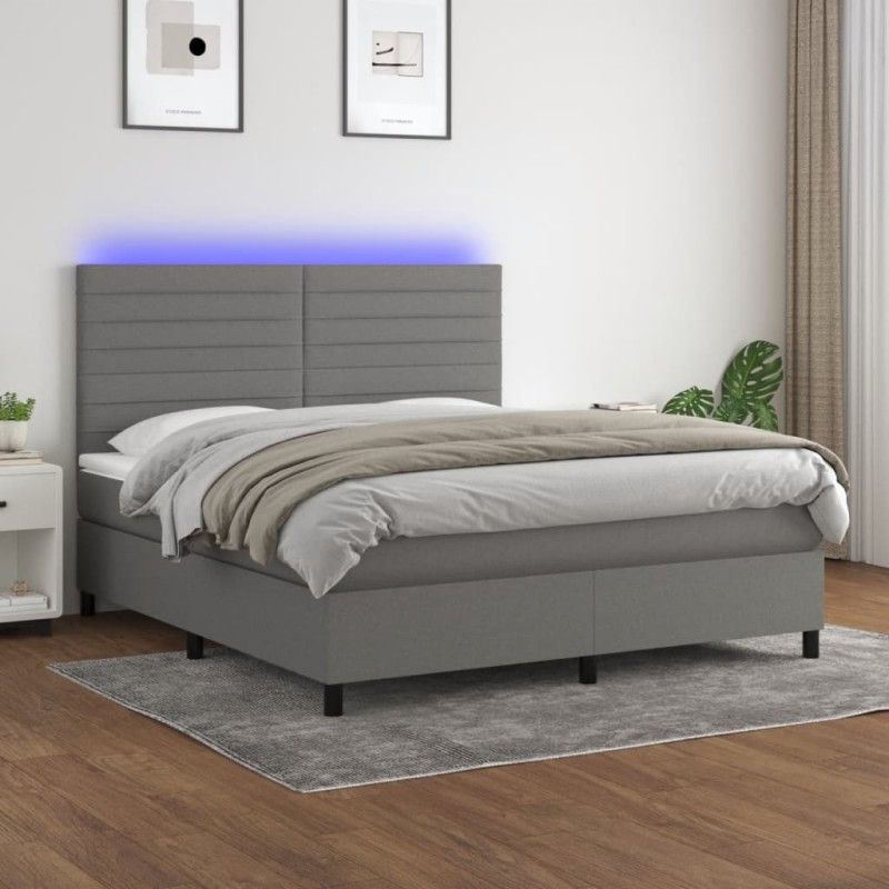 vidaXL Cama box spring colchón y luces LED tela gris oscuro 180x200 cm