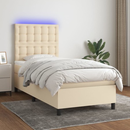 vidaXL Cama box spring colchón y luces LED tela crema 90x200 cm