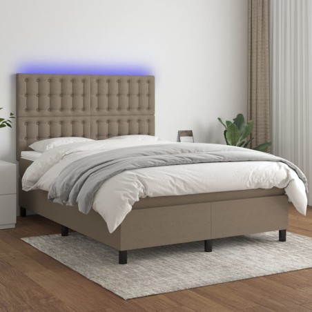 vidaXL Cama box spring colchón y luces LED tela gris taupe 140x190 cm