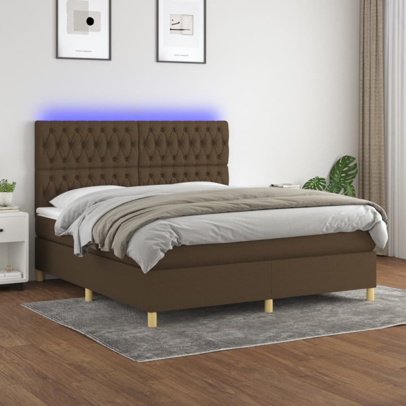vidaXL Cama box spring colchón luces LED tela marrón oscuro 160x200cm vidaXL Cama box spring colchón luces LED tela marrón oscuro 160x200cm