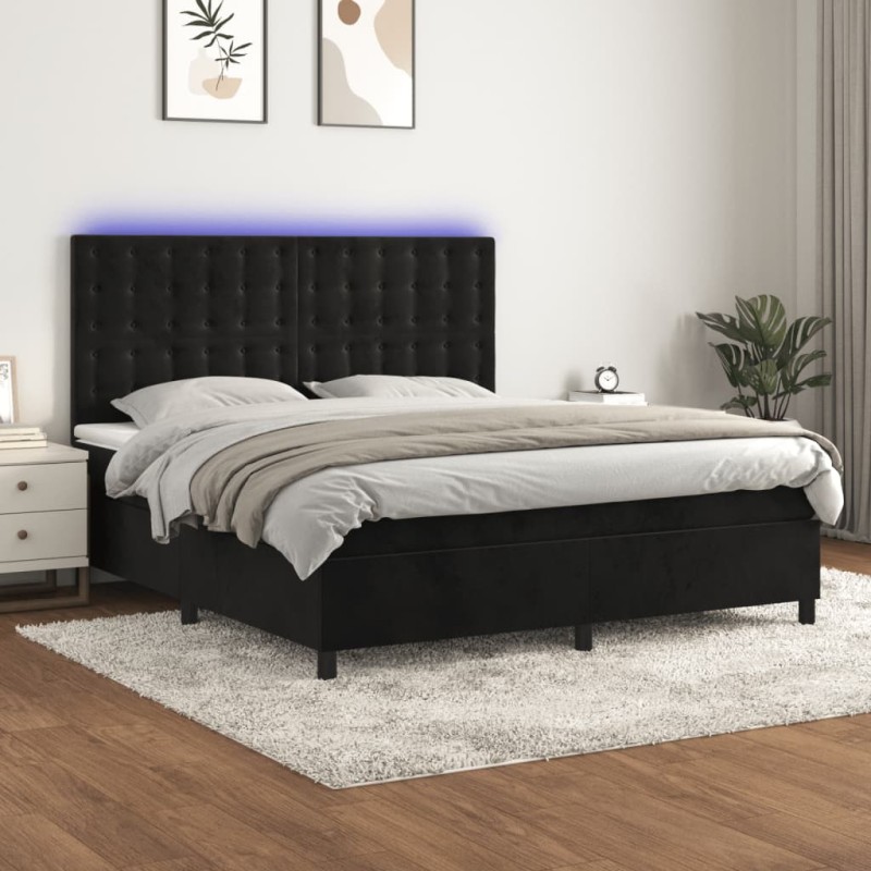 vidaXL Cama box spring colchón y LED terciopelo negro 180x200 cm
