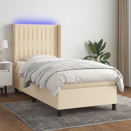 vidaXL Cama box spring colchón y luces LED tela crema 90x200 cm