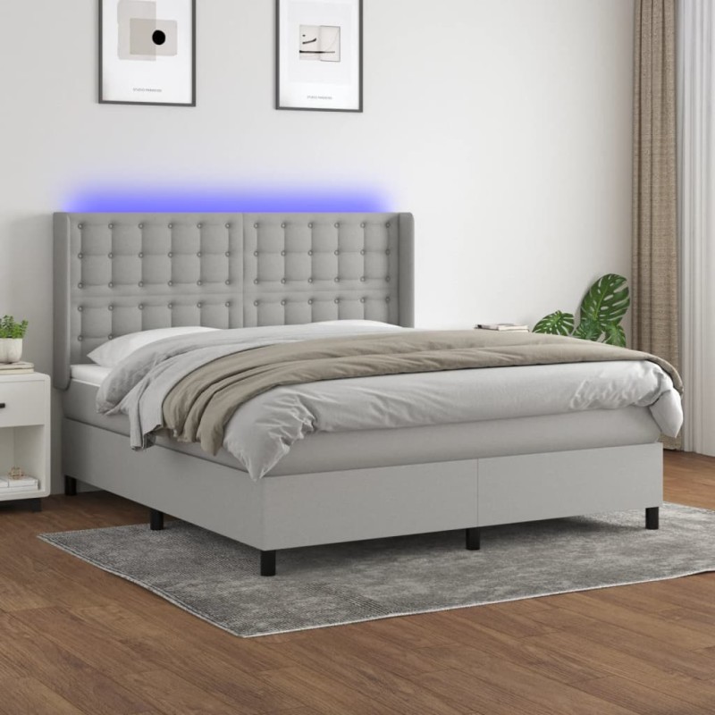 vidaXL Cama box spring colchón y luces LED tela gris claro 180x200 cm vidaXL Cama box spring colchón y luces LED tela gris claro 180x200 cm