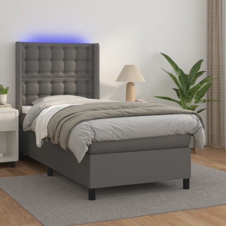vidaXL Cama box spring y colchón LED cuero sintético gris 90x190 cm
