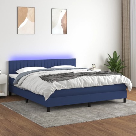 vidaXL Cama box spring colchón y luces LED tela azul 160x200 cm