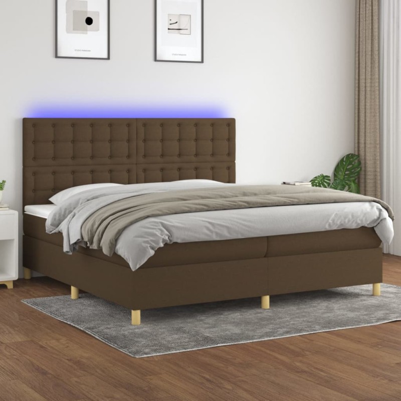 vidaXL Cama box spring colchón luces LED tela marrón oscuro 200x200 cm vidaXL Cama box spring colchón luces LED tela marrón oscuro 200x200 cm