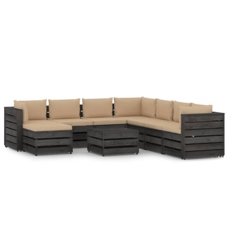 vidaXL Muebles de jardín 9 pzas con cojines madera impregnada gris