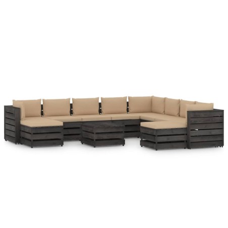 vidaXL Muebles de jardín 11 pzas con cojines madera impregnada gris