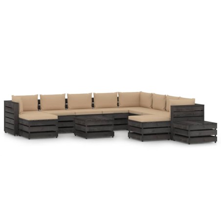 vidaXL Muebles de jardín 12 pzas con cojines madera impregnada gris