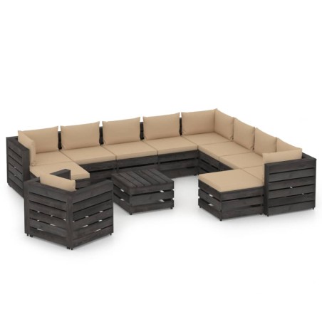 vidaXL Muebles de jardín 12 pzas con cojines madera impregnada gris