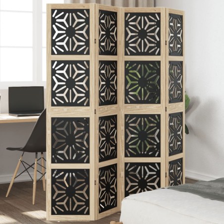 vidaXL Biombo separador 4 paneles madera maciza Paulownia marrón negro