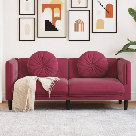 vidaXL Sofá de 2 plazas con cojines terciopelo rojo tinto