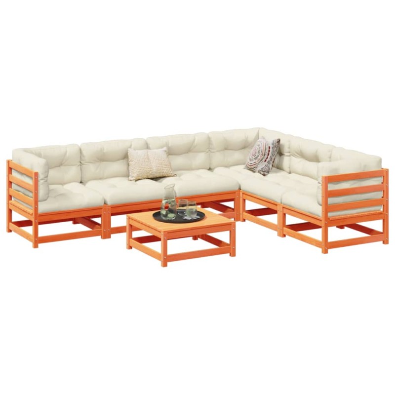 vidaXL Juego de sofás de jardín 7 pzas madera maciza pino marrón cera