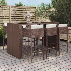 vidaXL Mesa y taburetes altos jardín 7 pzas y cojines ratán PE marrón