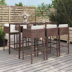 vidaXL Mesa y taburetes altos jardín 7 pzas y cojines ratán PE marrón