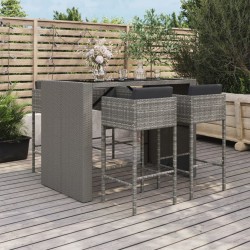 vidaXL Mesa y taburetes altos jardín 5 piezas y cojines ratán PE gris
