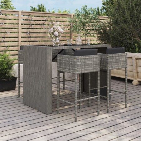 vidaXL Mesa y taburetes altos jardín 5 piezas y cojines ratán PE gris