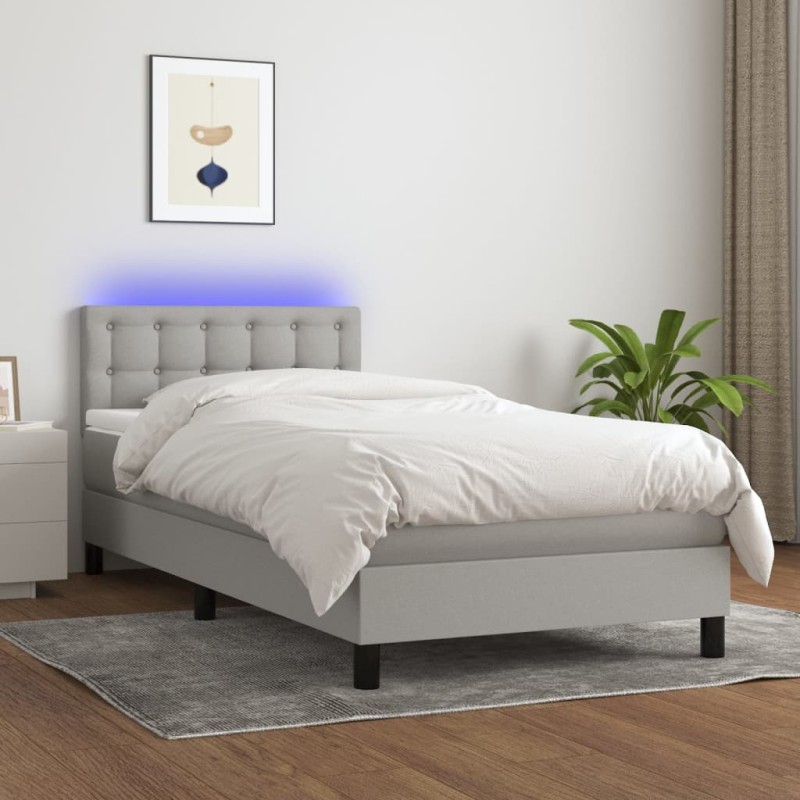 vidaXL Cama box spring colchón y luces LED tela gris claro 90x200 cm vidaXL Cama box spring colchón y luces LED tela gris claro 90x200 cm
