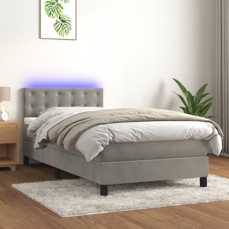 vidaXL Cama box spring colchón y LED terciopelo gris claro 90x200 cm