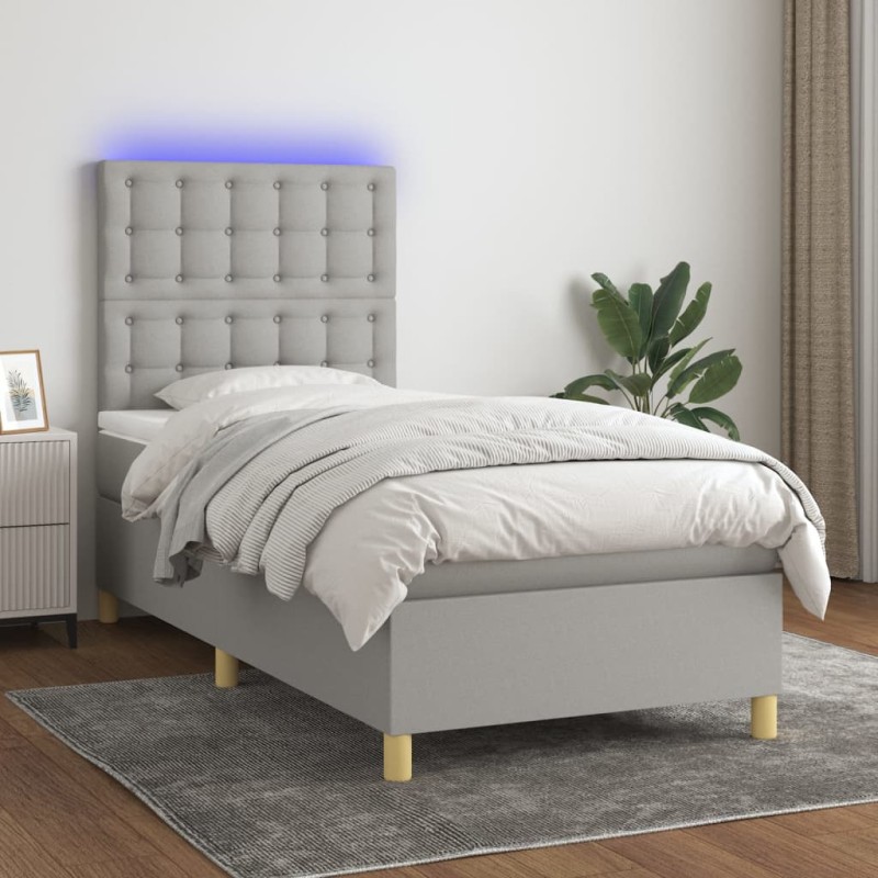 vidaXL Cama box spring colchón y luces LED tela gris claro 90x190 cm vidaXL Cama box spring colchón y luces LED tela gris claro 90x190 cm