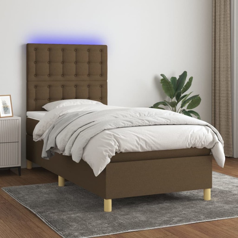 vidaXL Cama box spring colchón luces LED tela marrón oscuro 100x200cm