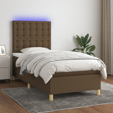 vidaXL Cama box spring colchón luces LED tela marrón oscuro 100x200cm