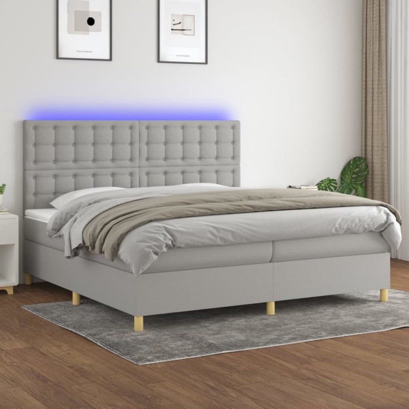 vidaXL Cama box spring con colchón tela y LED gris claro 200x200 cm vidaXL Cama box spring con colchón tela y LED gris claro 200x200 cm