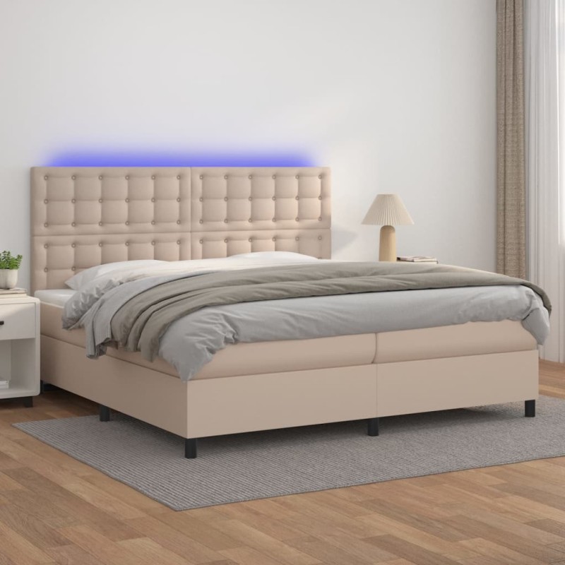 vidaXL Cama box spring colchón LED cuero sintético capuchino 200x200cm vidaXL Cama box spring colchón LED cuero sintético capuchino 200x200cm