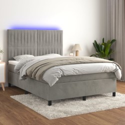 vidaXL Cama box spring colchón y LED terciopelo gris claro 140x190 cm