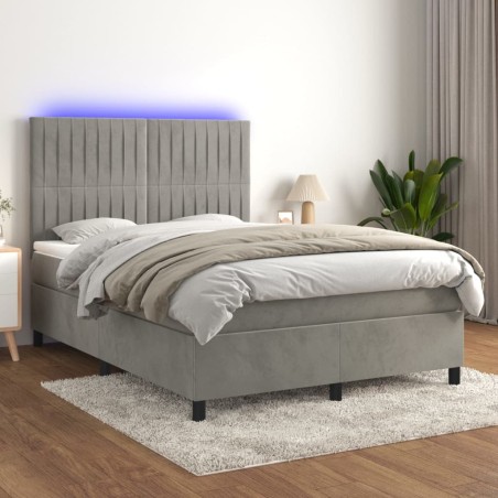 vidaXL Cama box spring colchón y LED terciopelo gris claro 140x190 cm